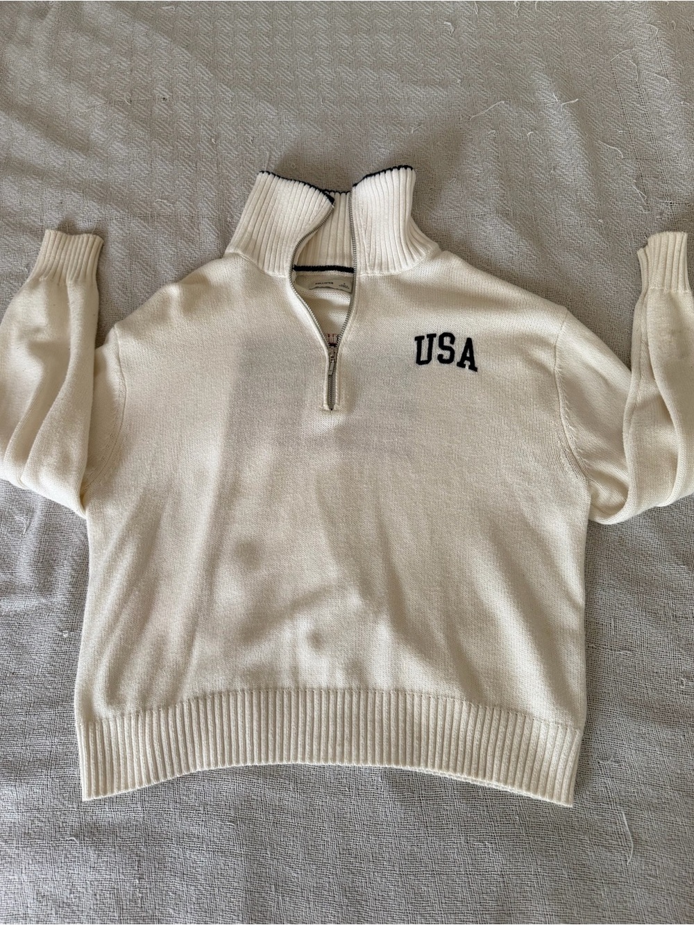 Hollister Cream Turtleneck Sweater with Red & Blue Flag Graphic - Picture 2 of 4